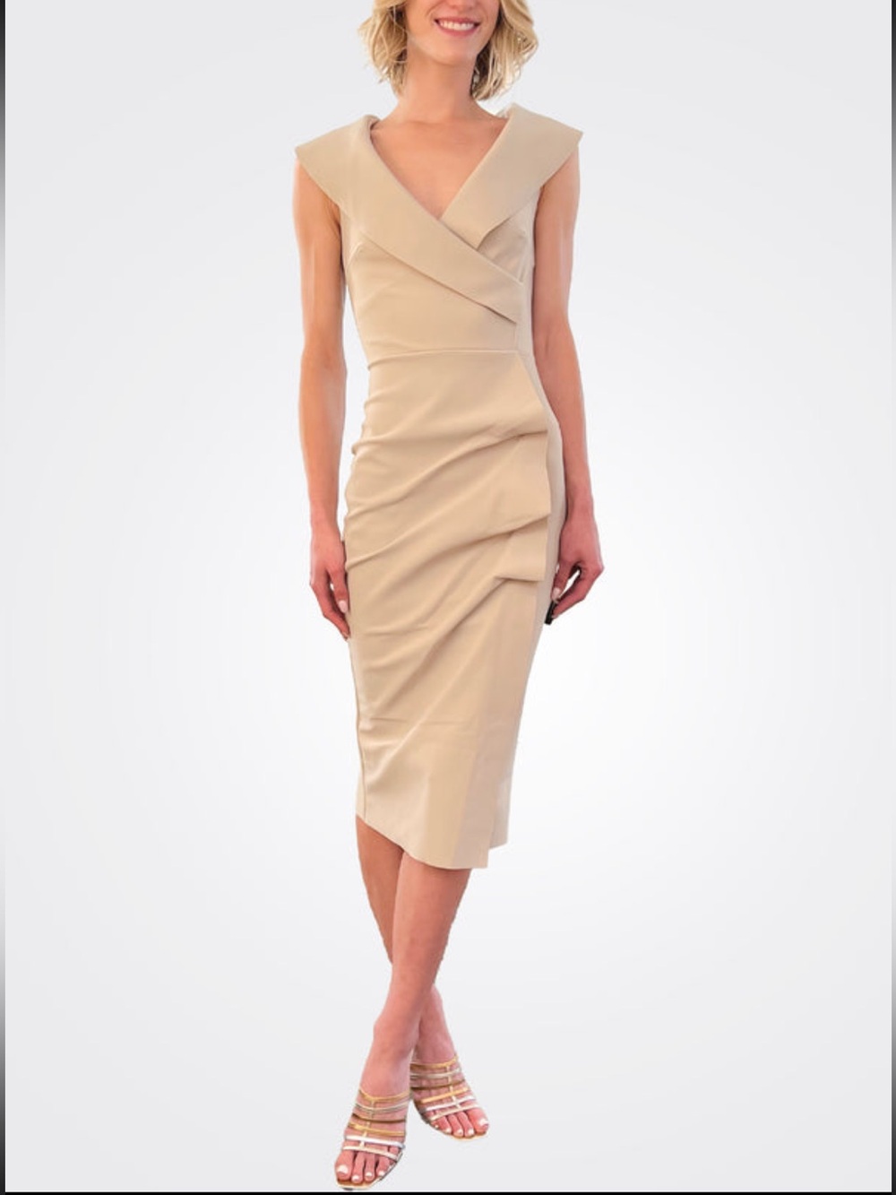 Chiara Boni La Petite Robe Draped Faux Wrap Dress Pullover Cream Chevron Sz XL - Picture 14 of 14